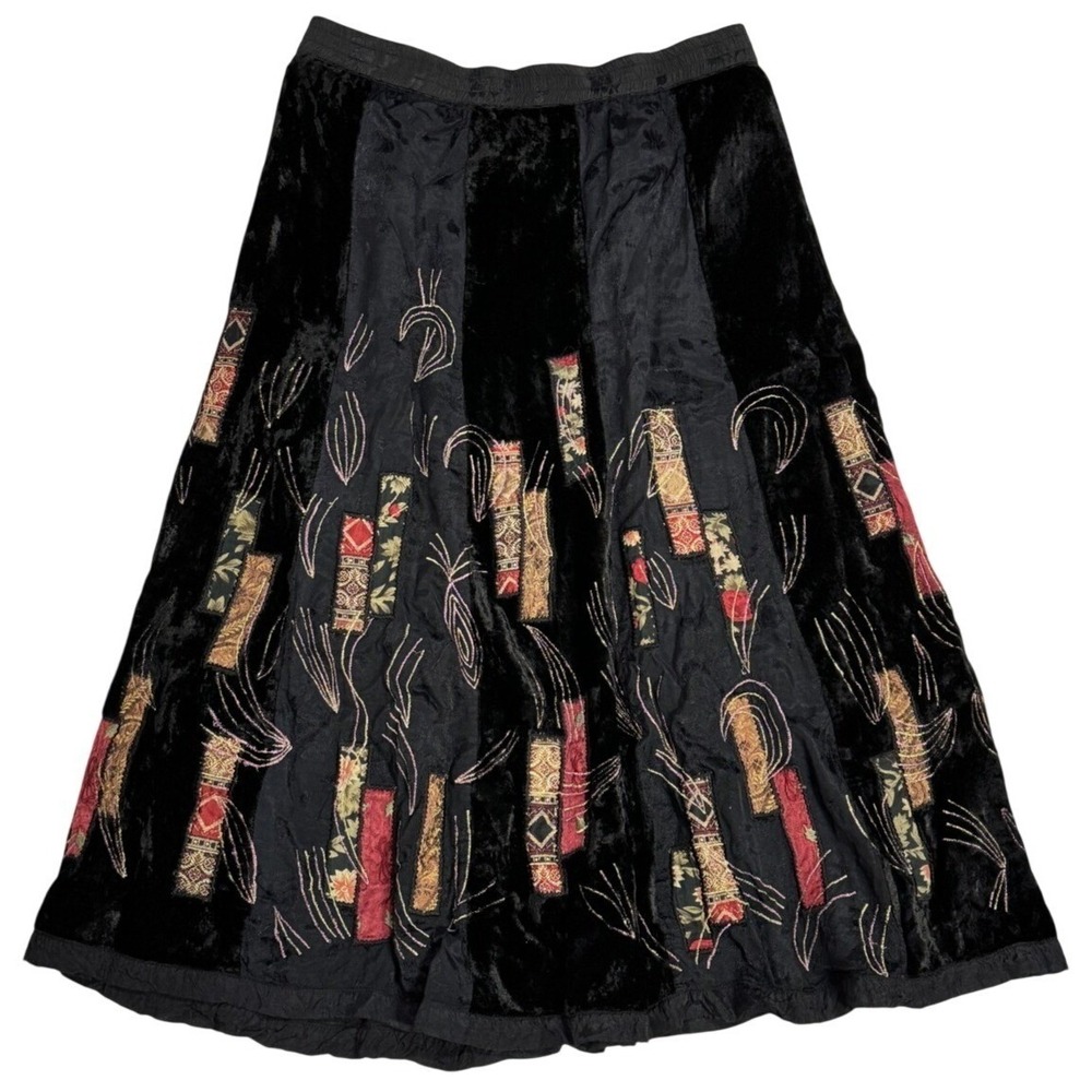 VTG‎ Coldwater Creek Patchwork Boho Midi Skirt PL Black Embroidered Whimsigoth